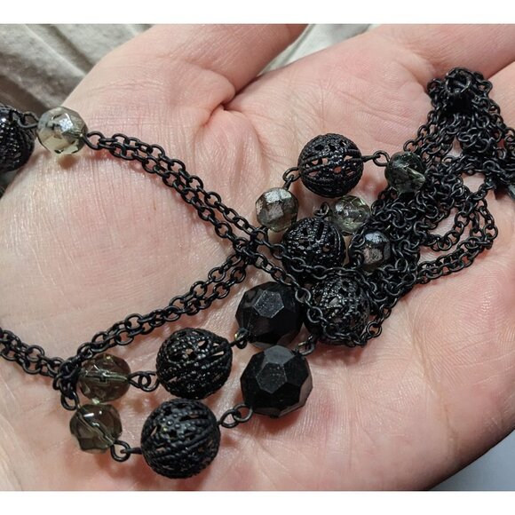 Gothic Matte Black Beaded Chain Station Necklace - Picture 3 of 5